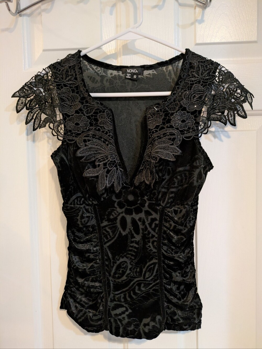 XOXO Black Velvet Floral Burnout Top with Lace Cap Sleeves
